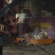 A young elf peeking at some humans from behind a box.